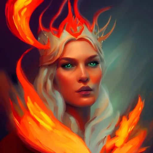 Image similar to queen of fire, digital painting fullbody, artstation, concept art, smooth, sharp focus, illustration, outlined art, soft light, cinematic,