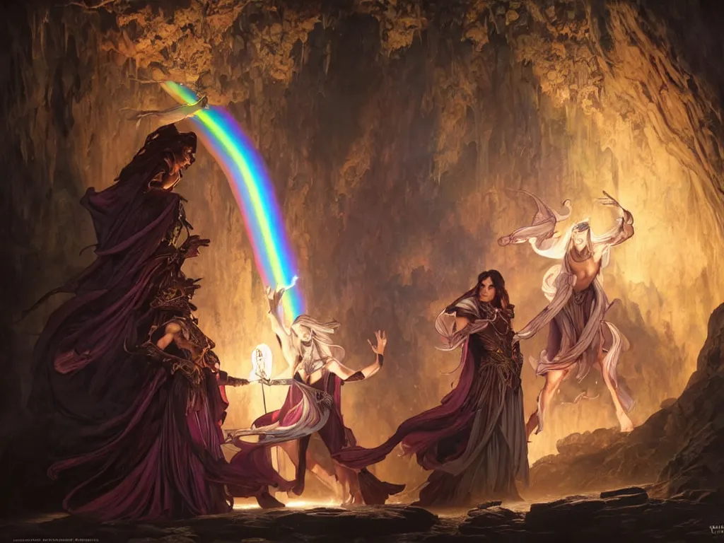 Prompt: painting of powerful stylish sorcerer and a cleric banishing demons in a dark cave with a rainbow spell, ultra realistic, concept art, intricate details, eerie, highly detailed, photorealistic, octane render, 8 k, unreal engine. art by artgerm and greg rutkowski and magali villeneuve and alphonse mucha