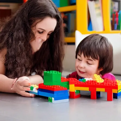 Image similar to a cat and a kid playing with Lego