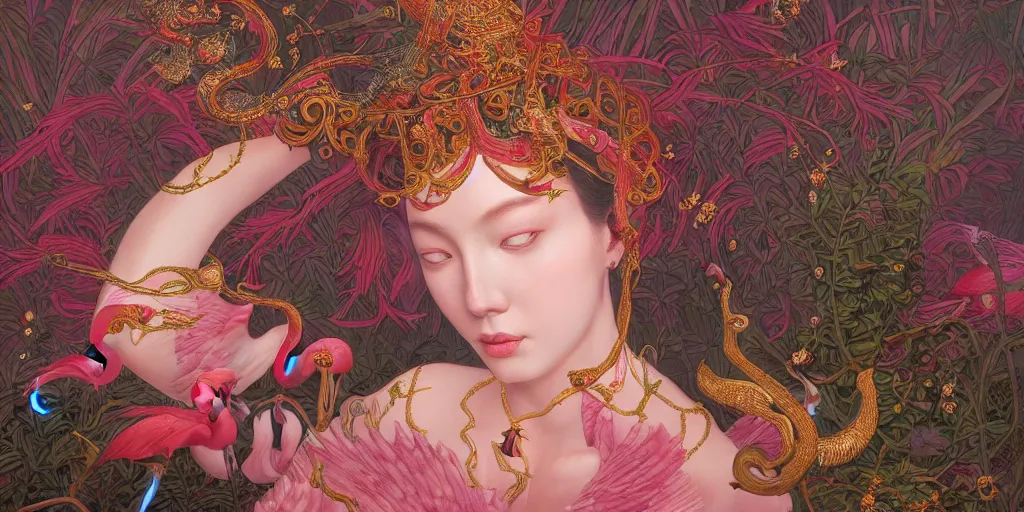 Image similar to breathtaking detailed concept art painting of the goddess of flamingo, orthodox saint, with anxious, piercing eyes, ornate background, amalgamation of leaves and flowers, by Hsiao-Ron Cheng and John James Audubon, extremely moody lighting, 8K