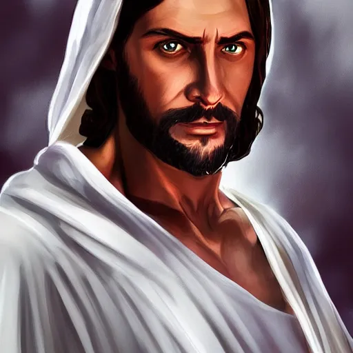 Prompt: jesus christ in a white robe ; character art ; digital art ; by artgerm ; gta v