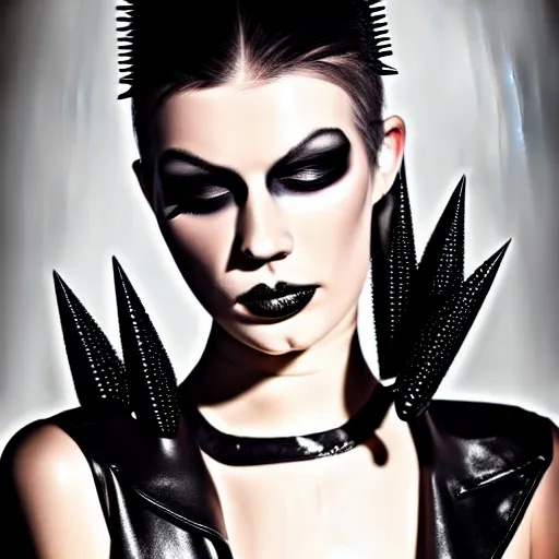 Image similar to a woman in a black leather outfit with spikes on her head, a high fashion character portrait by christen dalsgaard, featured on behance, gothic art, androgynous, genderless, gothic