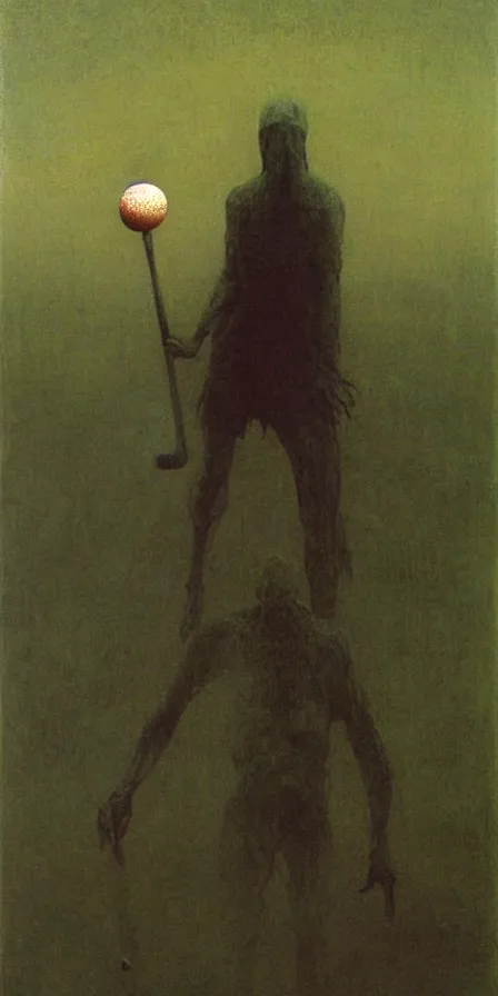 Image similar to painting of a man playing baseball with eldritch beings, by Zdzislaw Beksinski, gothic, amazing details, cold hue's, warm tone gradient background