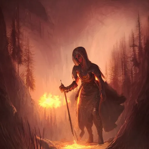 Prompt: The Elder Scrolls 6, Female Mage conjuring a spell, realistic, ultra detailed, menacing, powerful, dark, golden hour, forest, mountains in the background concept art Ross Tran