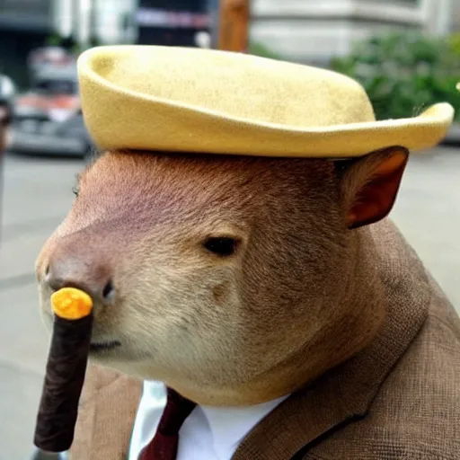 Image similar to smoking cigar, a man wearing a suit capybara head wearing a hat (smoking cigar)