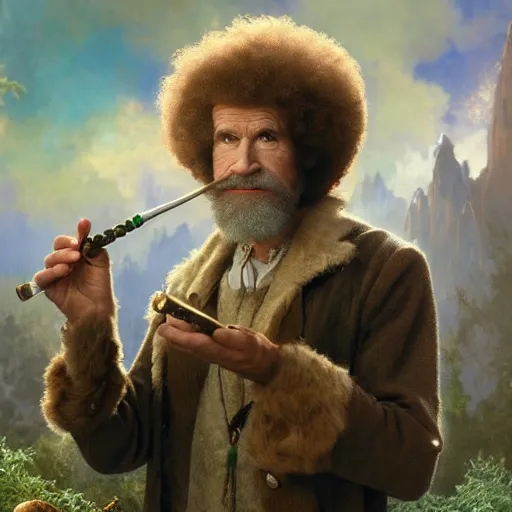 Prompt: an ultra detailed matte painting of bob ross smoking a pipe and dressed as a wandering elf druid, silver hawk animal companion, d & d, fantasy concept art by alphonse mucha and greg rutkowski, octane render, 8 k, detailed face