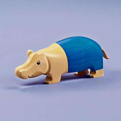 Prompt: product photo of a toy wooden hippo, segmented, blue paint on top