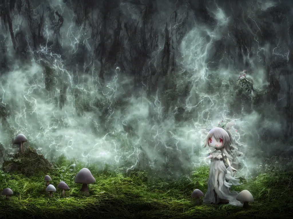 Image similar to cute fumo plush of a gothic maiden girl, overdose, overgrown flooded mystical mushroom forest temple, mysterious ritual over tempestuous stormy water, wisps of volumetric vortices of glowing smoke and fog, vignette, vray
