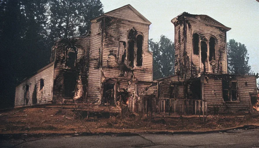 Image similar to 7 0 s film still from a horror movie about burning churches, kodachrome, cinecolor, cinestill, film grain, film texture, retro, cinematic, high resolution, photorealism,