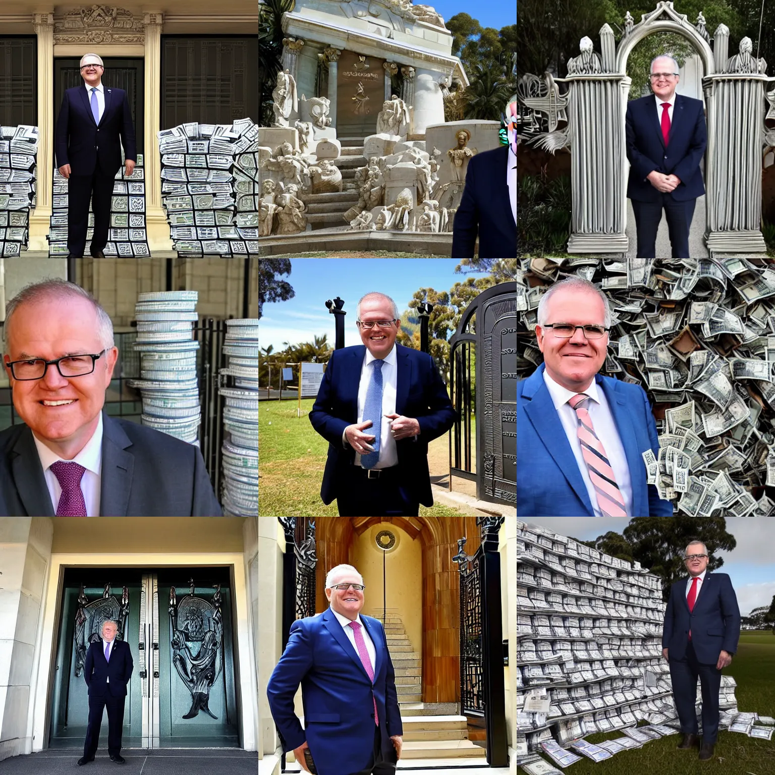 Prompt: Scott Morrison looking smug standing at the gates of heaven as a saint, surrounded by piles of money