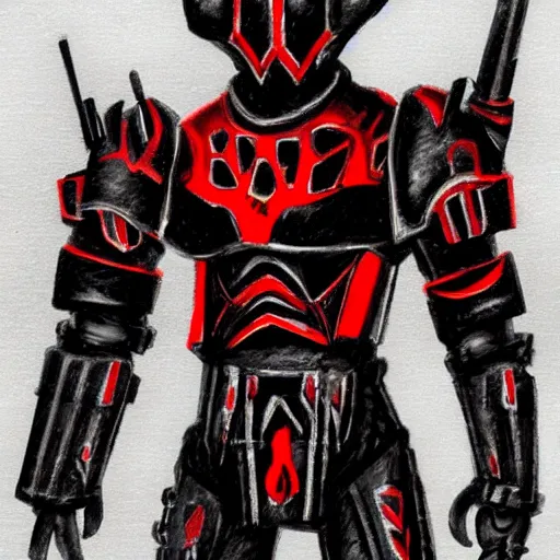 Image similar to concept art of a black and red armored soldier inspired by jin roh anime