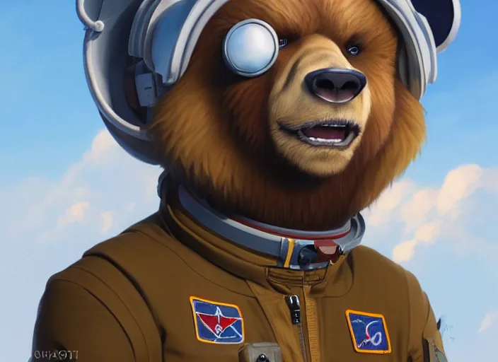 Image similar to character portrait feature of the anthro male anthropomorphic kamchatka brown bear fursona wearing cosmonaut outfit uniform professional pilot astronaut cosmonaut spirited disciplined character design stylized by charlie bowater, ross tran, artgerm, and makoto shinkai, detailed, soft lighting, rendered in octane