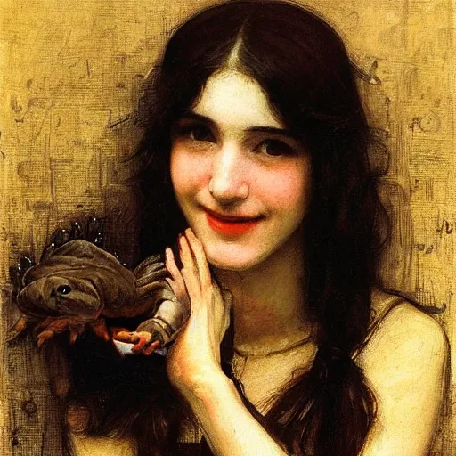 Image similar to black haired young woman holding a toad and smiling, john william waterhouse, soft lighting, romantic, love