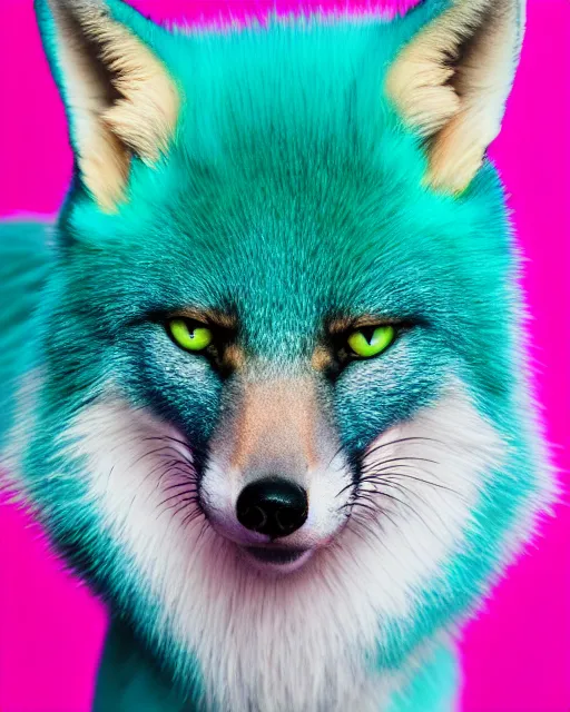 Prompt: pink green blue fox, portrait, blue background, 8 k, 8 5 mm f 1. 8