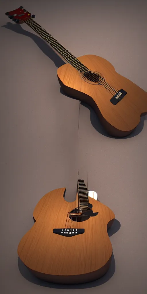 Prompt: model of an acoustic light wood guitar, cute cartoon, unreal engine 5, 3 d render, cinematic lighting, detailed product photo