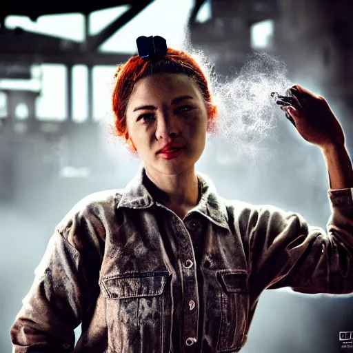 Image similar to a portrait of Rosie the riveter, industrial setting, dynamic pose, sweat and grime, close-up, intricate details, intricately detailed clothing, intricate textures, warm lighting, vivid colors, sparks flying, smoke and mist, realistic octane render, hyper realistic render, volumetric shading, depth of field, raytracing, 8k,