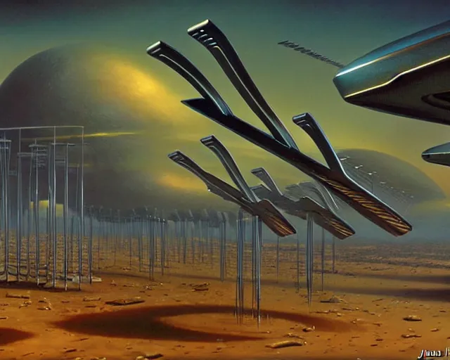 Image similar to The attack of the giant flying forks, sci-fi cinematic scene by Jim Burns