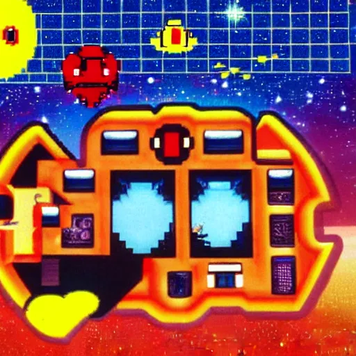 Image similar to pacman in space with galaga ship