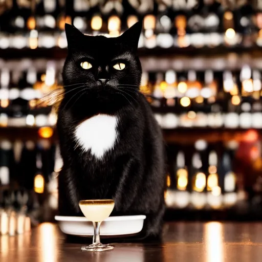 Prompt: a photo of a black cat drinking expensive champagne in a fancy dark bar, f 1. 8, iso 1 6 0 0