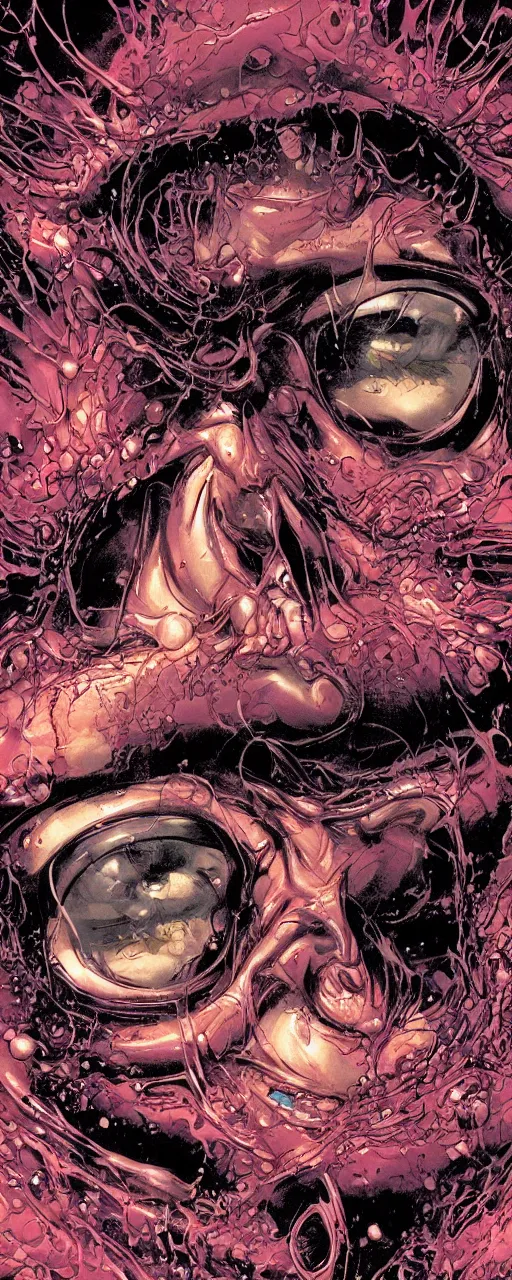 Image similar to closeup of face melting in agony, inside dark oil, frontal picture, by yoichi hatakenaka, masamune shirow, josan gonzales and dan mumford