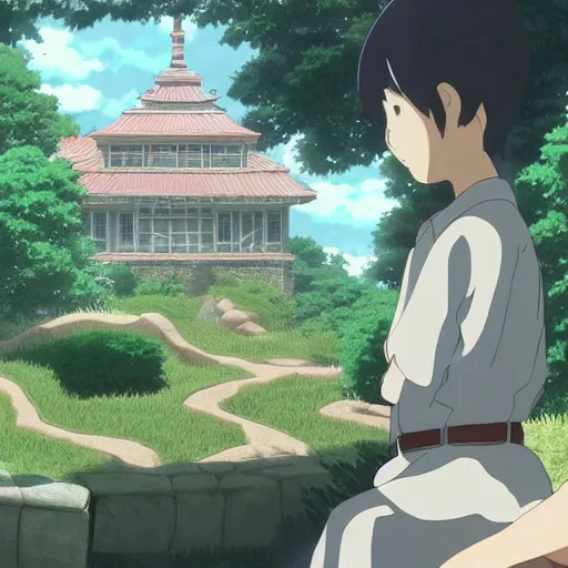 Prompt: childrens observing the evil mansion, water, by Dice Tsutsumi, Makoto Shinkai, Studio Ghibli