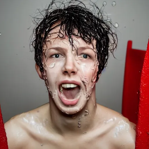 Image similar to Wet young man suffers standing on his head in the red room rain