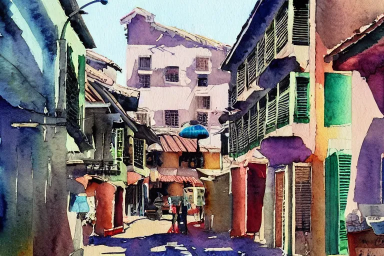 Image similar to !! watercolor!! singapore old city in a sunny day, artwork by tooth wu, colorful contrast,!! very coherent!!, dark shadow, thick lineart