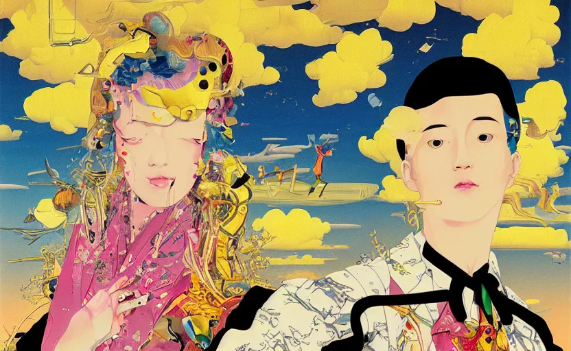 Image similar to a yellow delorean in the clouds, golden hour, colourful art by salvador dali, hsiao - ron cheng & utagawa kunisada, magazine collage, anime style,