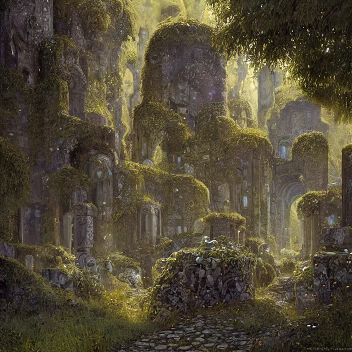 Image similar to ancient overgrown! ruins, medieval gates, runestones, mysetrious etherial mesmerizing runic!!, eyes, magical elven geometry, concept art by gustav klimt!, deviantart contest winner, environmental art, high detail, greg rutkowski