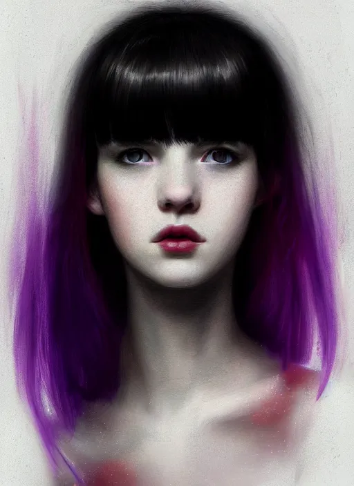 Prompt: portrait of teenage girl, red irises, bangs, black and white hair, white bangs, purple clothes, white bangs, two color hair, black hair and white bangs, intricate, elegant, glowing lights, highly detailed, digital painting, artstation, concept art, smooth, sharp focus, illustration, art by wlop, mars ravelo and greg rutkowski