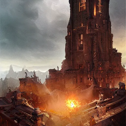 Prompt: epic masterpiece of cinematographic hyperrealism where a group of archeologists appears in front of a large demonic tower. realistic shaded lighting poster by craig mallismo, artgerm, jeremy lipkin and michael garmash, unreal engine, detailed and intricate environment, digital art, art station trends, horror, night, dark and stormy, matte