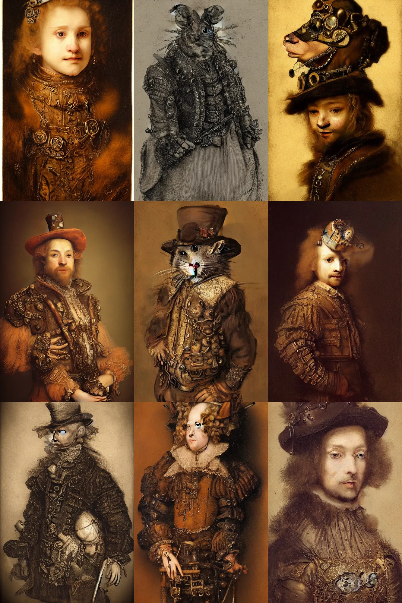 Prompt: a beautiful 17th century portrait of a rat in steampunk clothing, detailed, realistic, rembrandt lightning, trending on Artstation