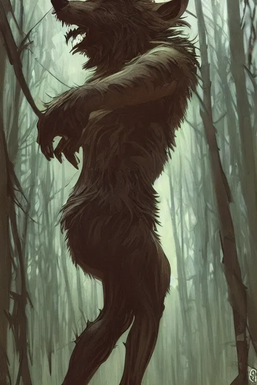 Image similar to fullbody portrait of a werewolf, bared teeth, long claws, by greg rutkowski and alphonse mucha, gradient brown to silver, in front of a forest at night background, highly detailed portrait, digital painting, artstation, concept art, smooth, sharp focus illustration