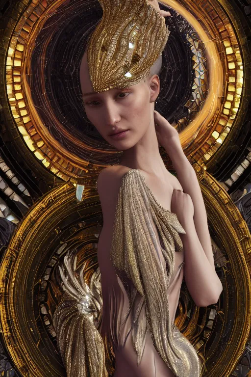 Image similar to a highly detailed metahuman 4 k close up render of an alien goddess bella hadid as venus in iris van herpen dress schiaparelli in diamonds swarovski and jewelry in style of alphonse mucha gustav klimt trending on artstation made in unreal engine 4