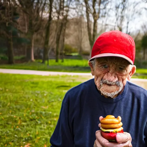 Prompt: portrait of an elderly man wearing a hotdog hat, 🌭, canon eos r 3, f / 1. 4, iso 2 0 0, 1 / 1 6 0 s, 8 k, raw, unedited, symmetrical balance, wide angle