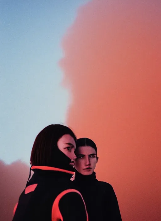 Prompt: cinestill 5 0 d photographic portrait of two loving female androids wearing rugged black techwear on a desolate plain with a red sky, standing in front of a brutalist structure, extreme closeup, cyberpunk style, dust storm, 8 k, hd, high resolution, 3 5 mm, f / 3 2, ultra realistic faces, ex machina