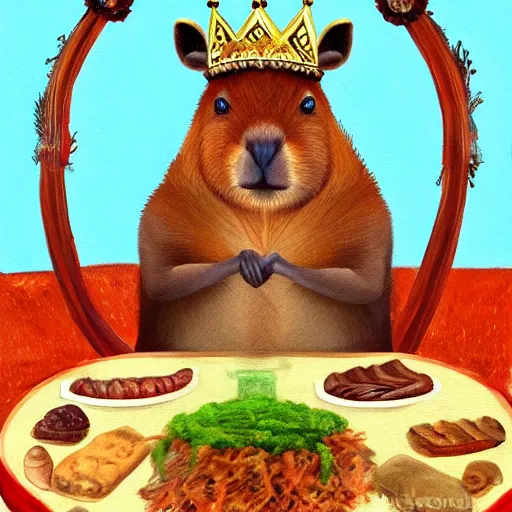 Image similar to painting of a capybara wearing a crown sitting on a throne surrounded by food offerings, trending on artstation