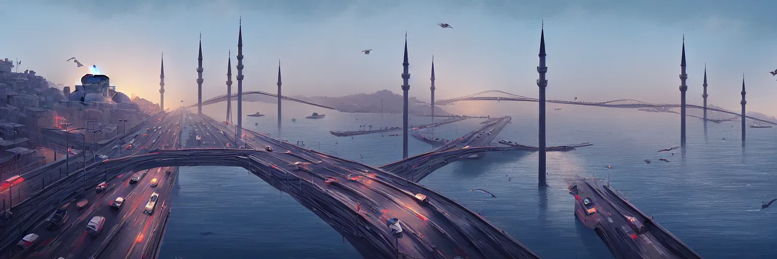 Image similar to a cinematic scene from istanbul bridge, concept art by nick ford and sylvain sarrailh,