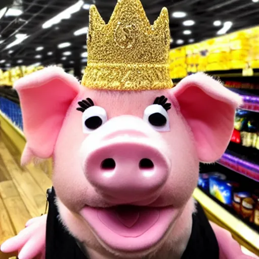 Image similar to cute pig wearing a gold crown as a Muppet 8k shopping at a grocery store