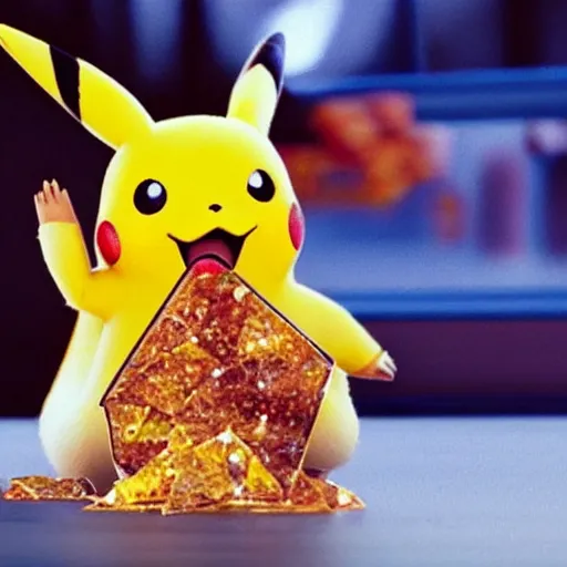 Prompt: pikachu eating crystal doritos made of glass
