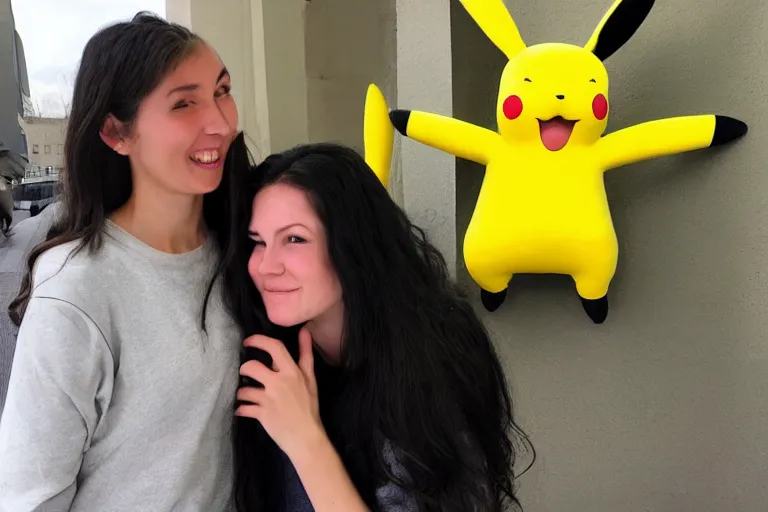 Image similar to a young skinny woman with long dark hair hugging a pikachu