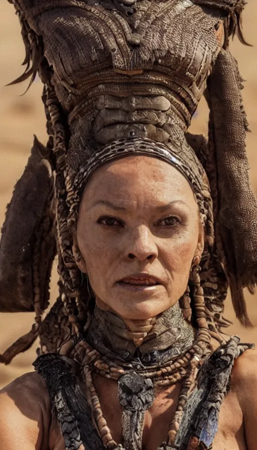 Image similar to sweated ancient princess tribewoman ready to fight, partially destroyed armor inspired monster hunter, low shot camera, muscular, symmetrical face, clean face, subtle make up, dramatic lighting, cinematic, establishing shot, extremely high detail, photorealistic, 300 the movie,monster hunter the movie, dune the movie, cinematic lighting, artstation, octane render, western,old photo, vintage, dust and destruction happening around her, freeze time