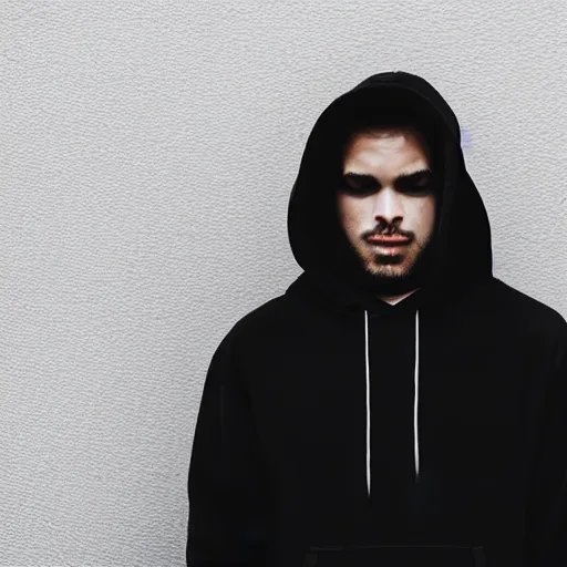 Prompt: a guy in a black hoodie in front of a plain white background, black and white