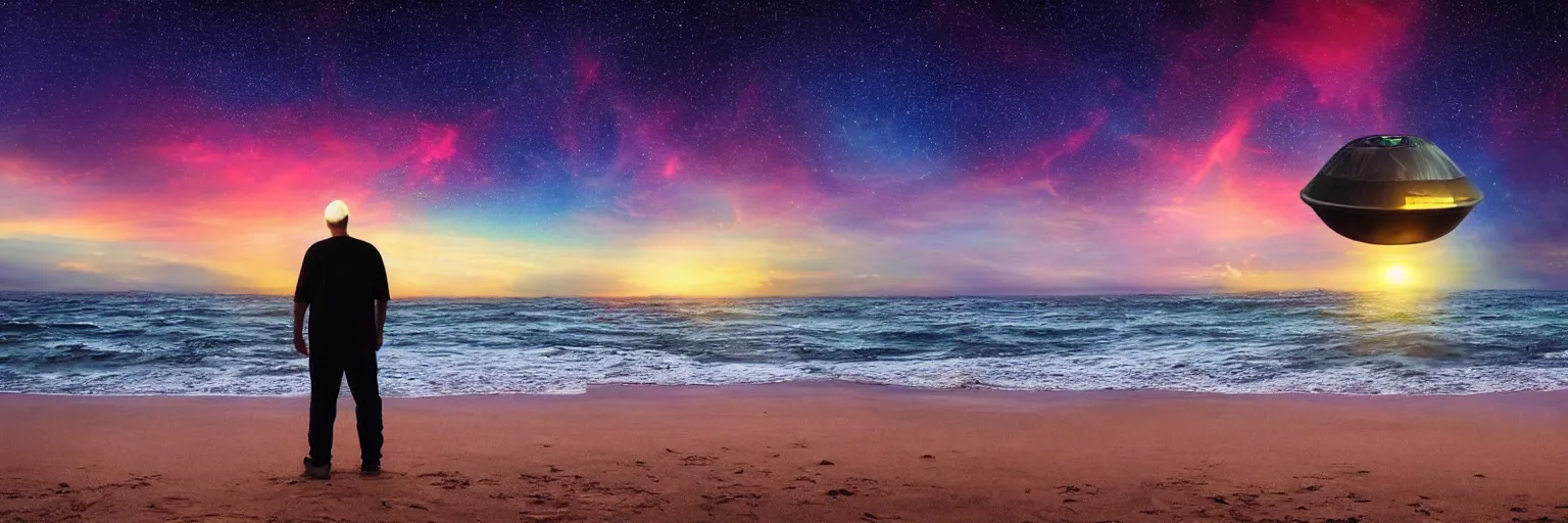 Image similar to a giant glowing spaceship floating in the ocean, an old soul standing on the beach overlooking, sunset and colorful sky with many stars