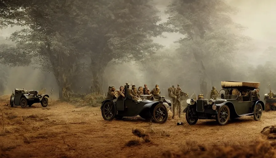 Prompt: british army driving a car in 1 9 2 1 in kerala forest road, tribe members attacking, action scene, an epic fantasy, dramatic lighting, cinematic, establishing shot, extremely high detail, photorealistic, cinematic lighting, artstation, matte painting by christopher nolan, horizon forbidden west