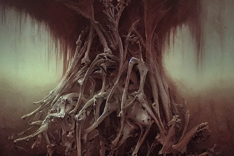 Prompt: prophecy, gnostic atmosphere, amazing concept painting by Jessica Rossier and HR giger and Beksinski, the middle of a valley; it was full of bones, bones that were very dry, there was a noise, a rattling sound, and the bones came together, bone to bone , I looked, and tendons and flesh appeared on them and skin covered them, but there was no breath in them and breath entered them, they came to life and stood up on their feet a vast army