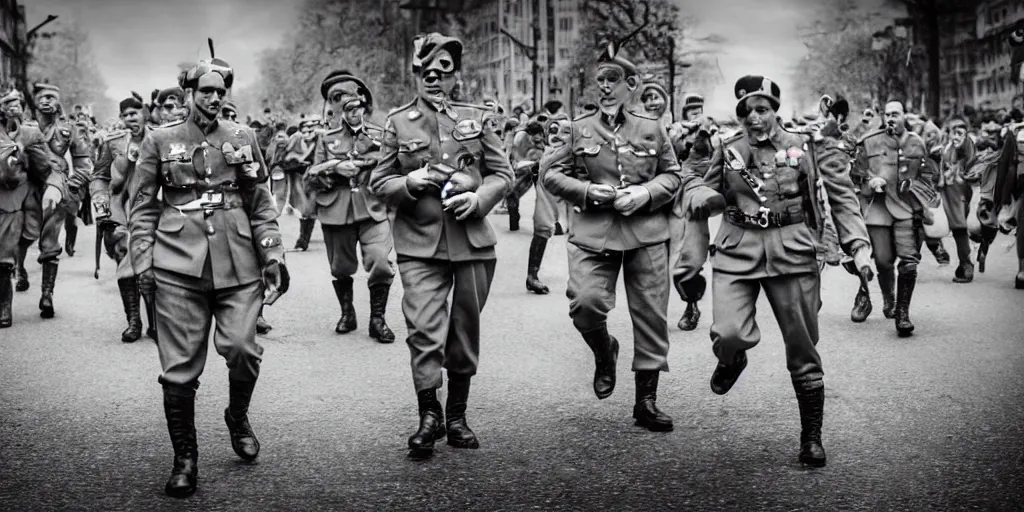 Image similar to german forces as minions from despicable me winning world war 2 and parading through berlin, hyper realistic, award winning photo, award winning, sharp focus, black and white