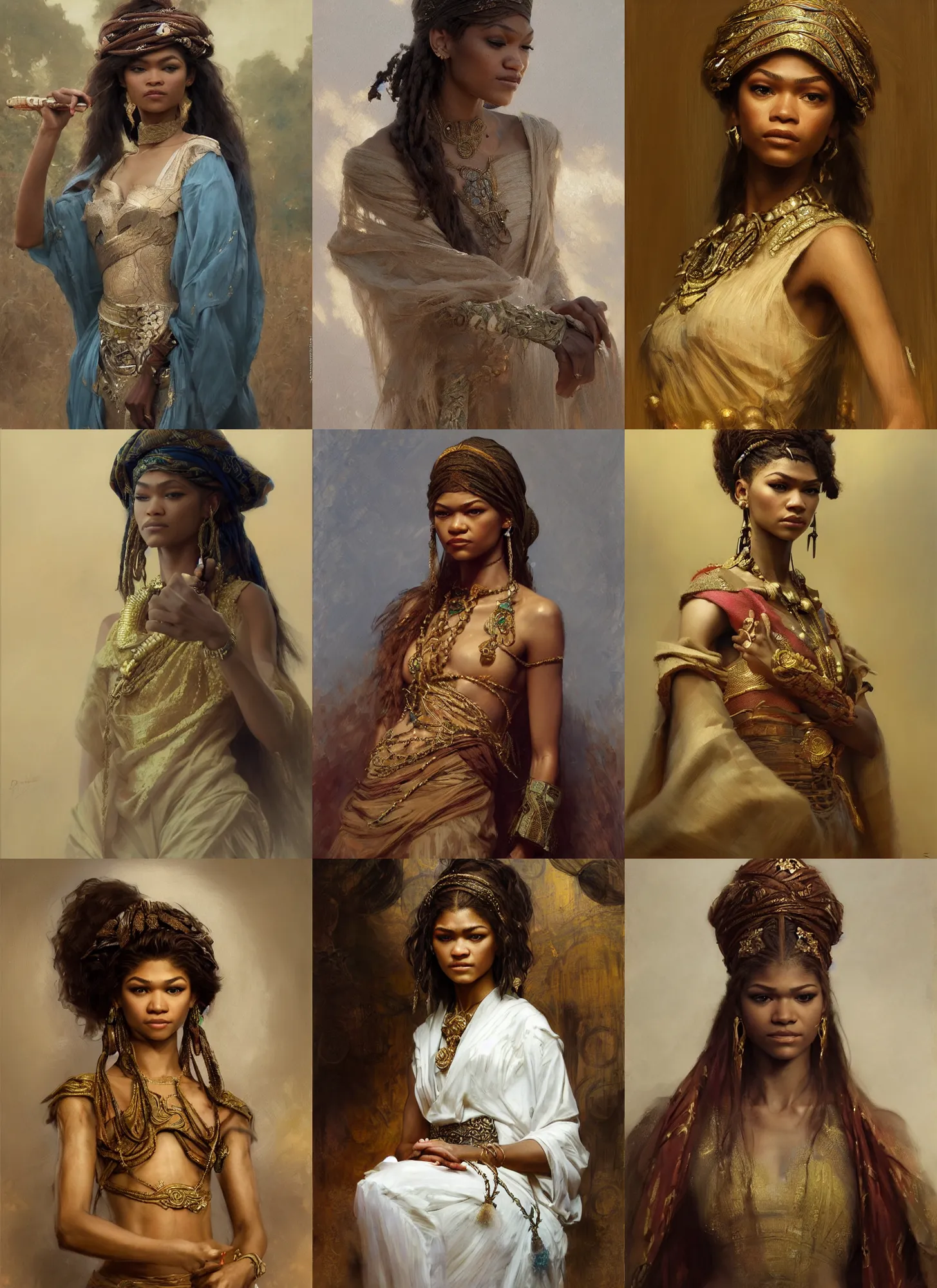 Prompt: zendaya as nigerian princess, intricate, elegant, highly detailed, artstation, concept art, sharp focus, ruan jia, jurgens, orientalism, bouguereau
