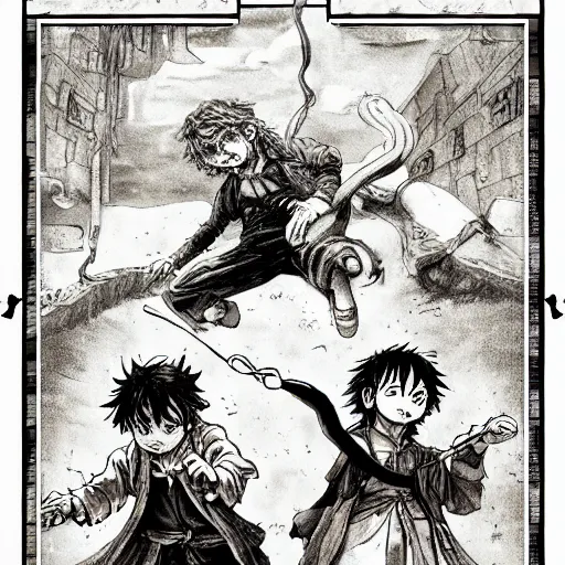 Image similar to precisely drawn illustration of anime two hobbit bandits pointing and yelling, old-fashioned tarot card, victorian playing card, sepia tone, wide angle, sharp, fine details, anime, manga, cyberpunk, intense line art, 8k, precise linework, realistic, shaded lighting by katsuhiro otomo ghost-in-the-shell, magali villeneuve, artgerm, rutkowski Jeremy Lipkin and Giuseppe Dangelico Pino and Michael Garmash and Rob Rey