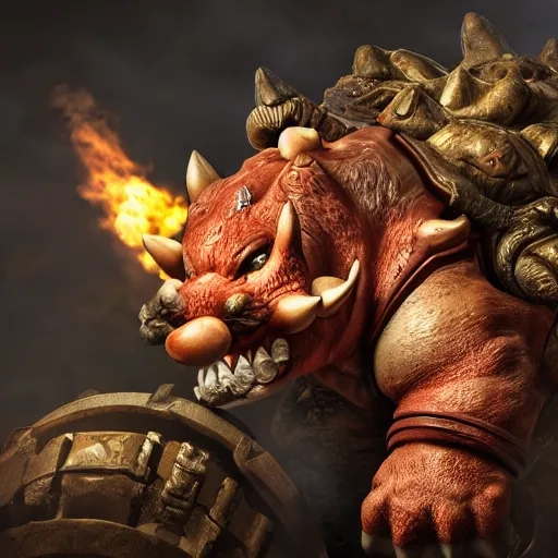 Image similar to Bowser from Mario in Gears of War, highly detailed, high quality, HD, 4k, 8k, Canon 300mm, professional photographer, 40mp, lifelike, top-rated, award winning, realistic, sharp, no blur, edited, corrected, trending